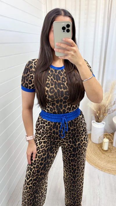 Blue Trim Leopard Crop Top and Trousers Co-Ord