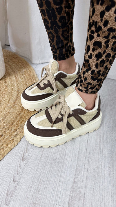 Teddy Fur Platform Sneakers - BROWN