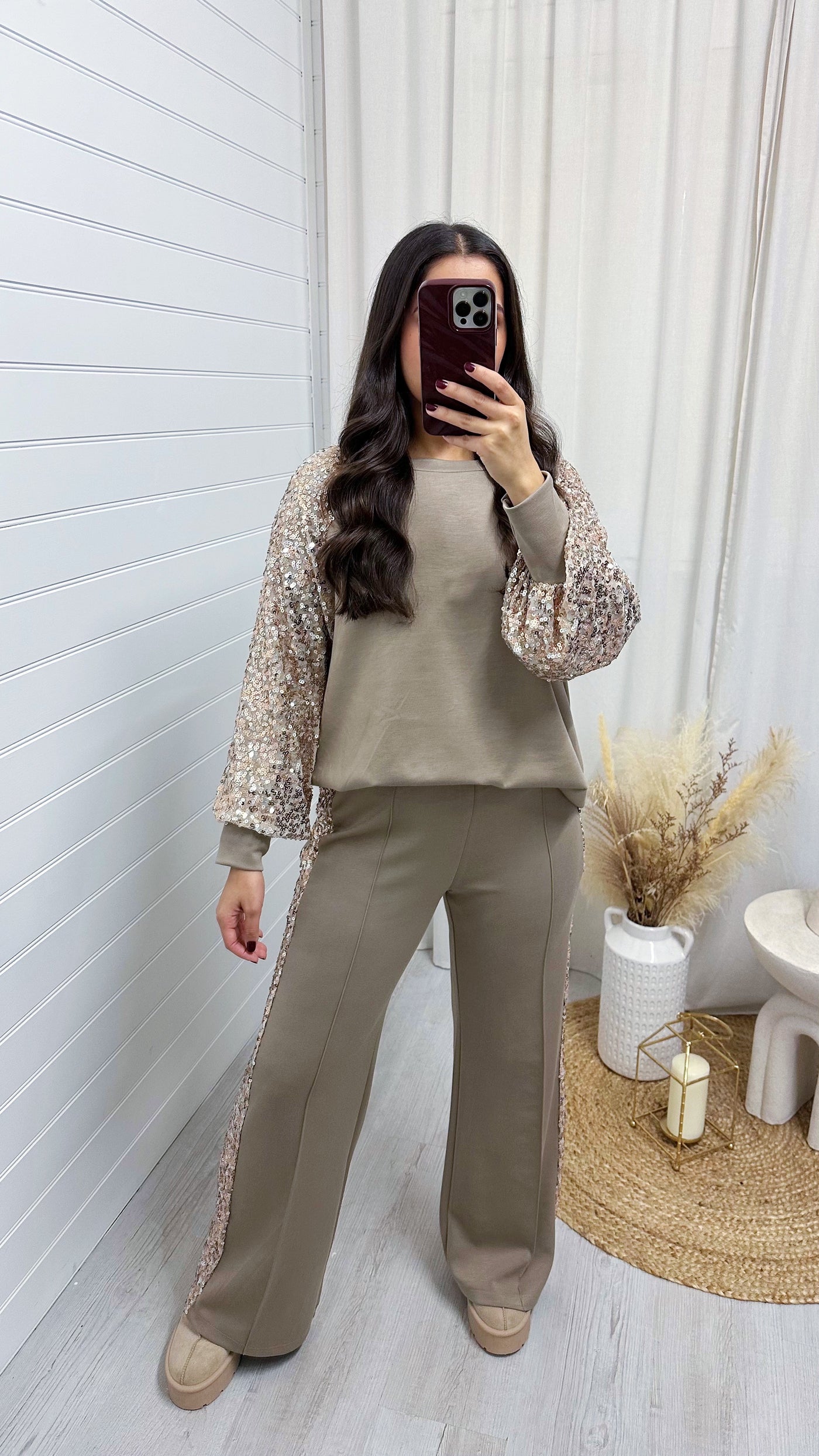 Sequin Sweatshirt and Joggers Tracksuit - BEIGE/GOLD