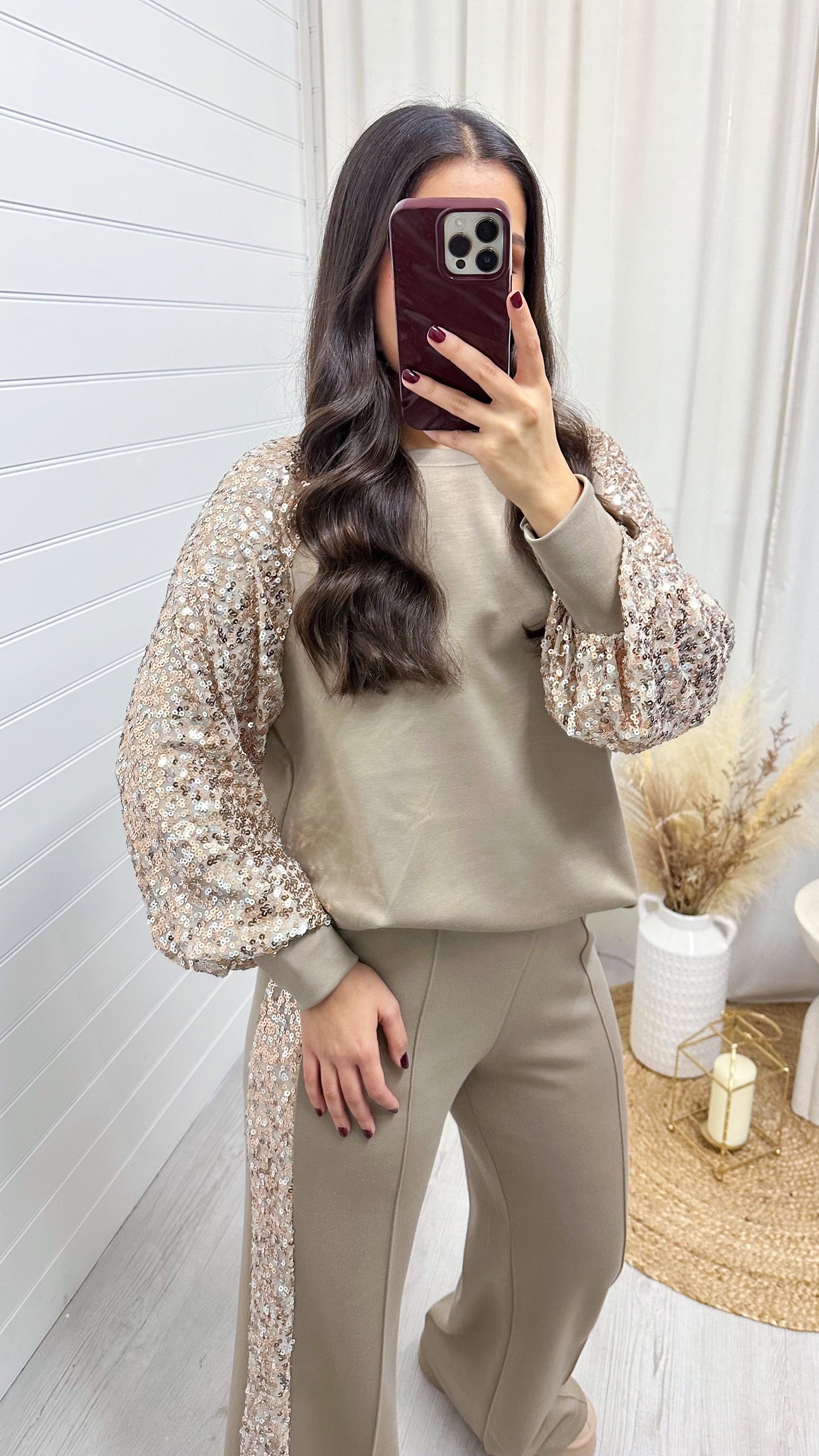 Sequin Sweatshirt and Joggers Tracksuit - BEIGE/GOLD