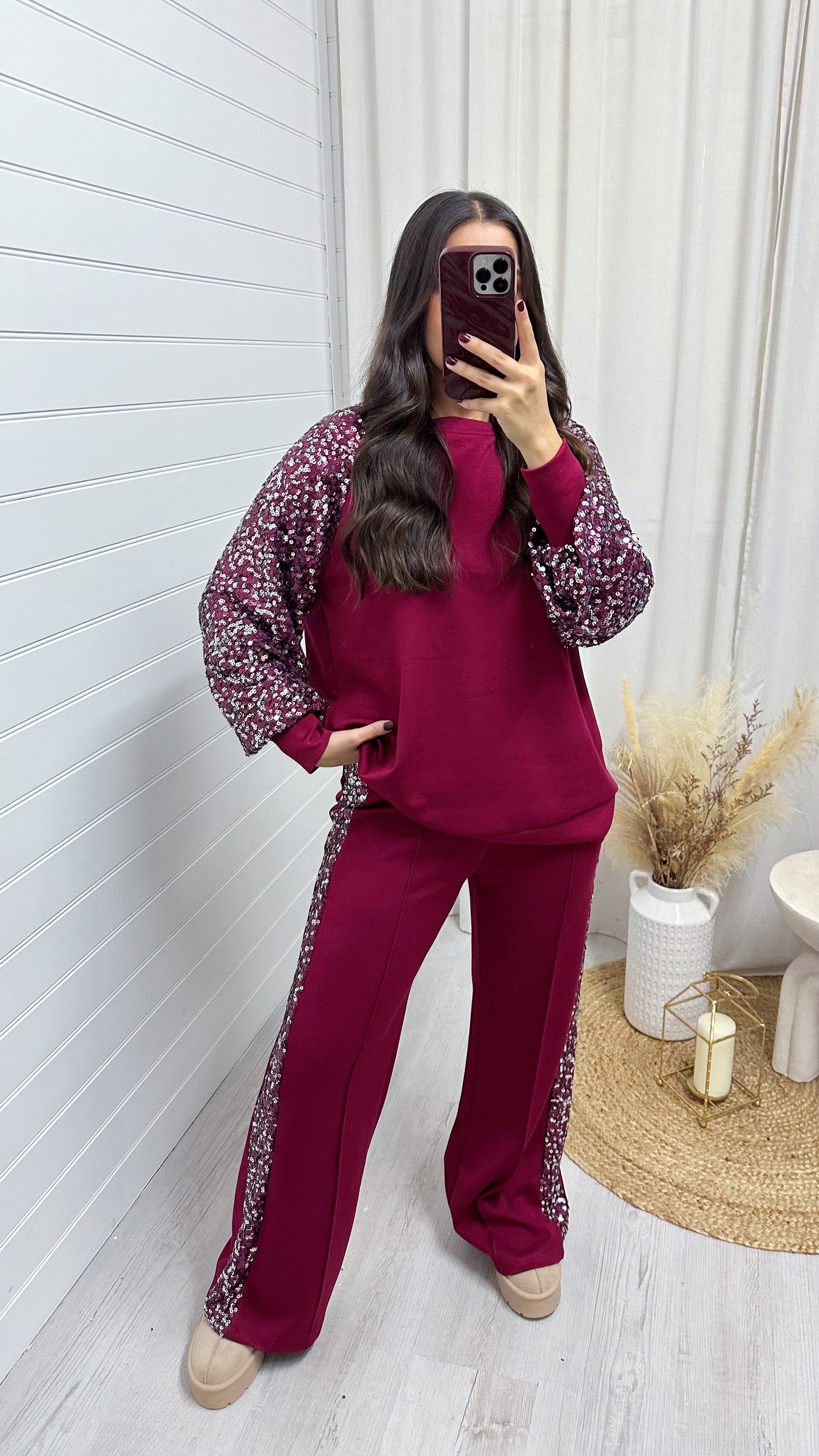 Sequin Sweatshirt and Joggers Tracksuit - WINE