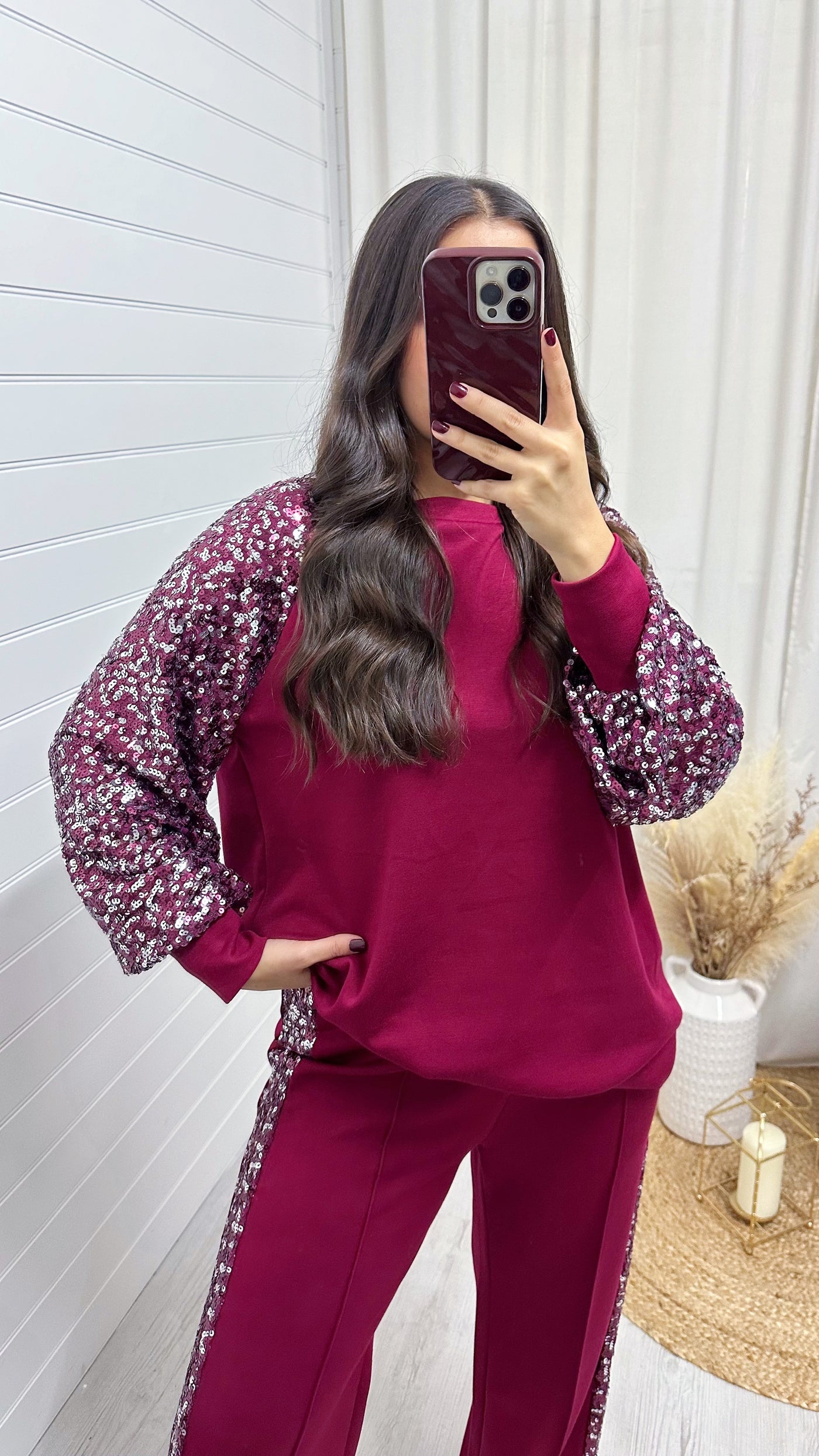 Sequin Sweatshirt and Joggers Tracksuit - WINE