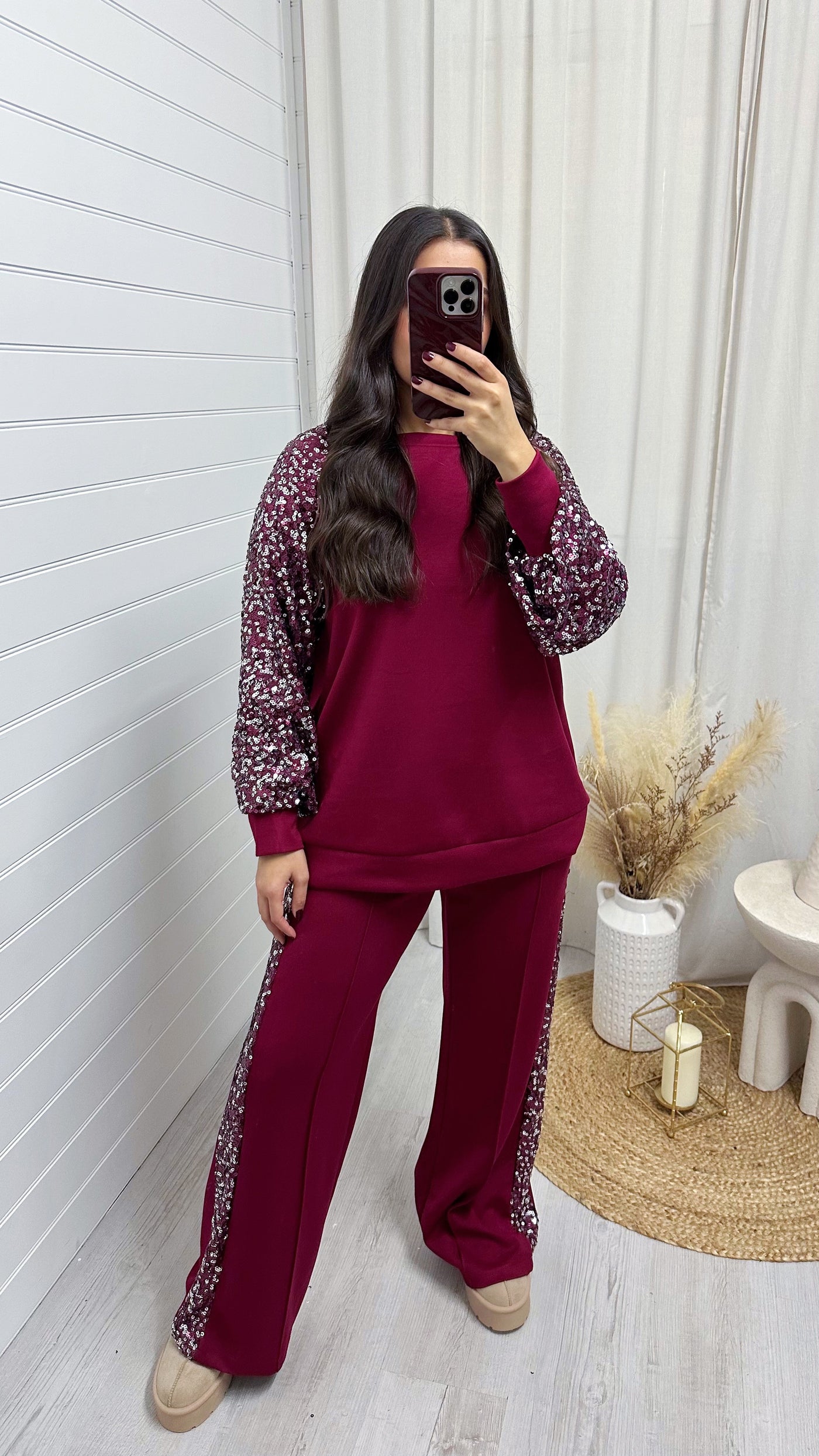 Sequin Sweatshirt and Joggers Tracksuit - WINE