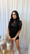 Lace Ruched Shoulder Padded Mini Dress - BLACK
