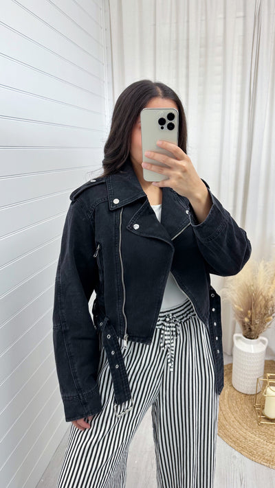 Oversized Denim Biker Jacket - BLACK