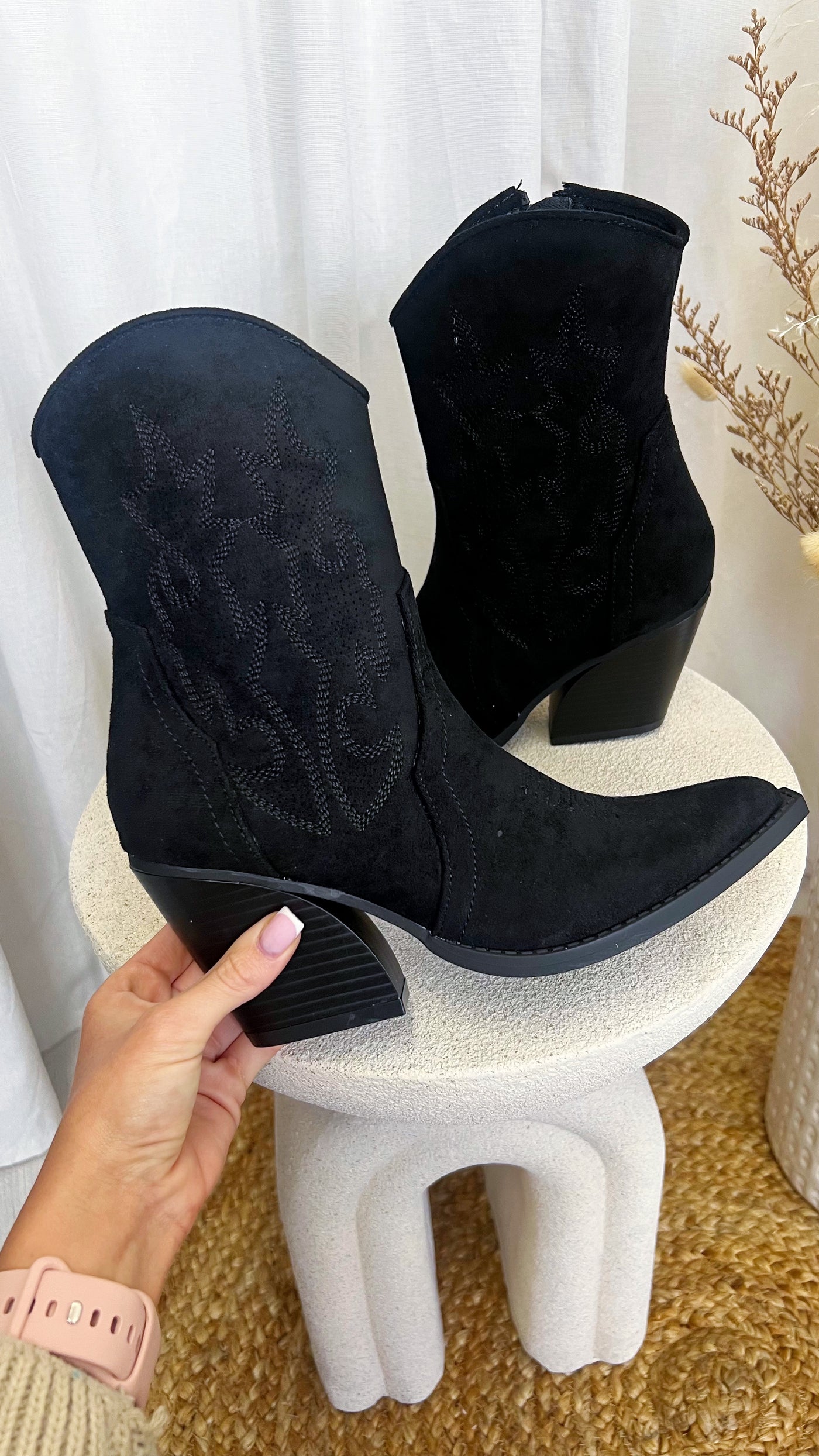 Embroidered Suede Cowboy Boots - BLACK