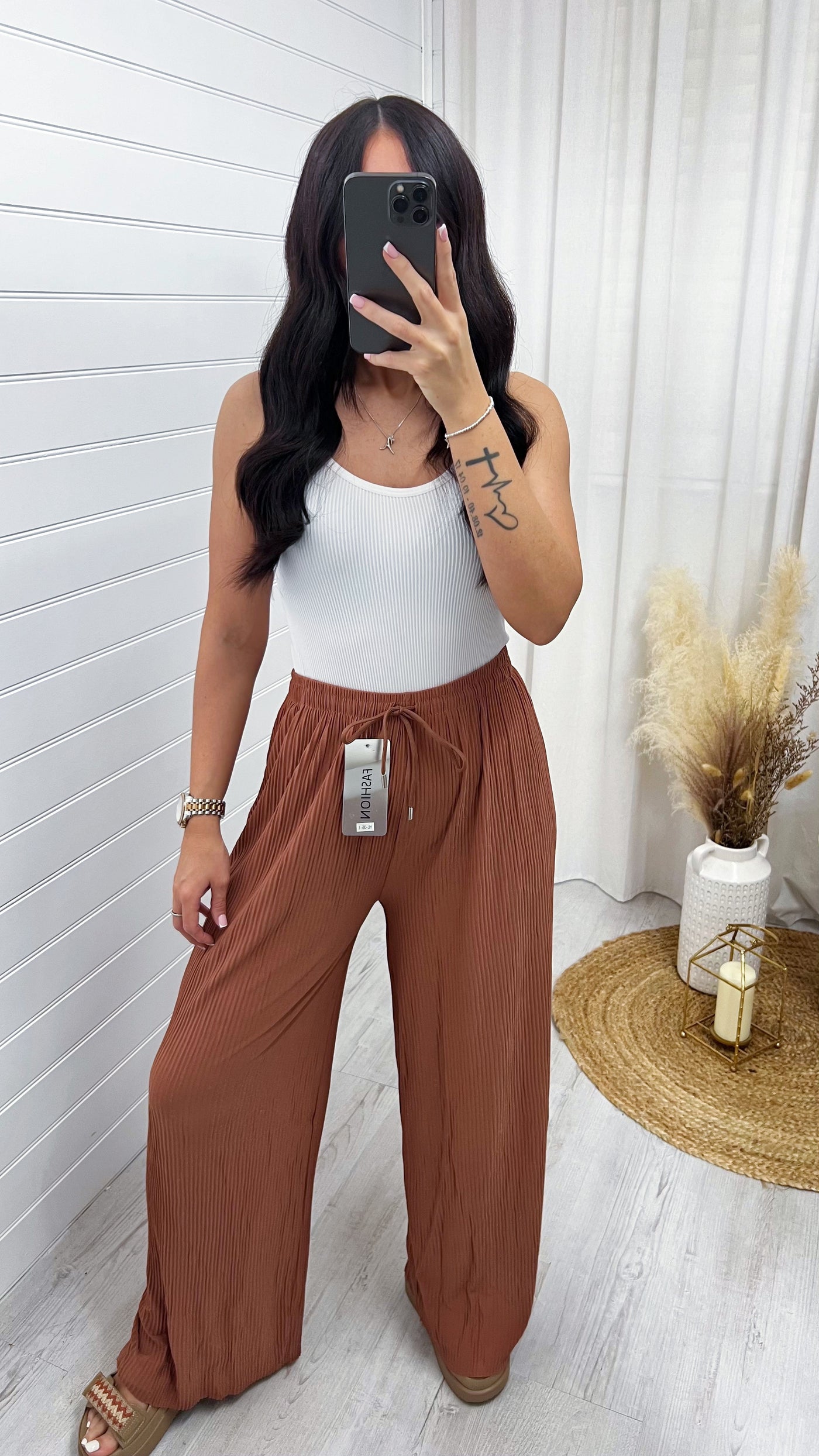 Plain Pleated Wide Leg Trousers - APRICOT