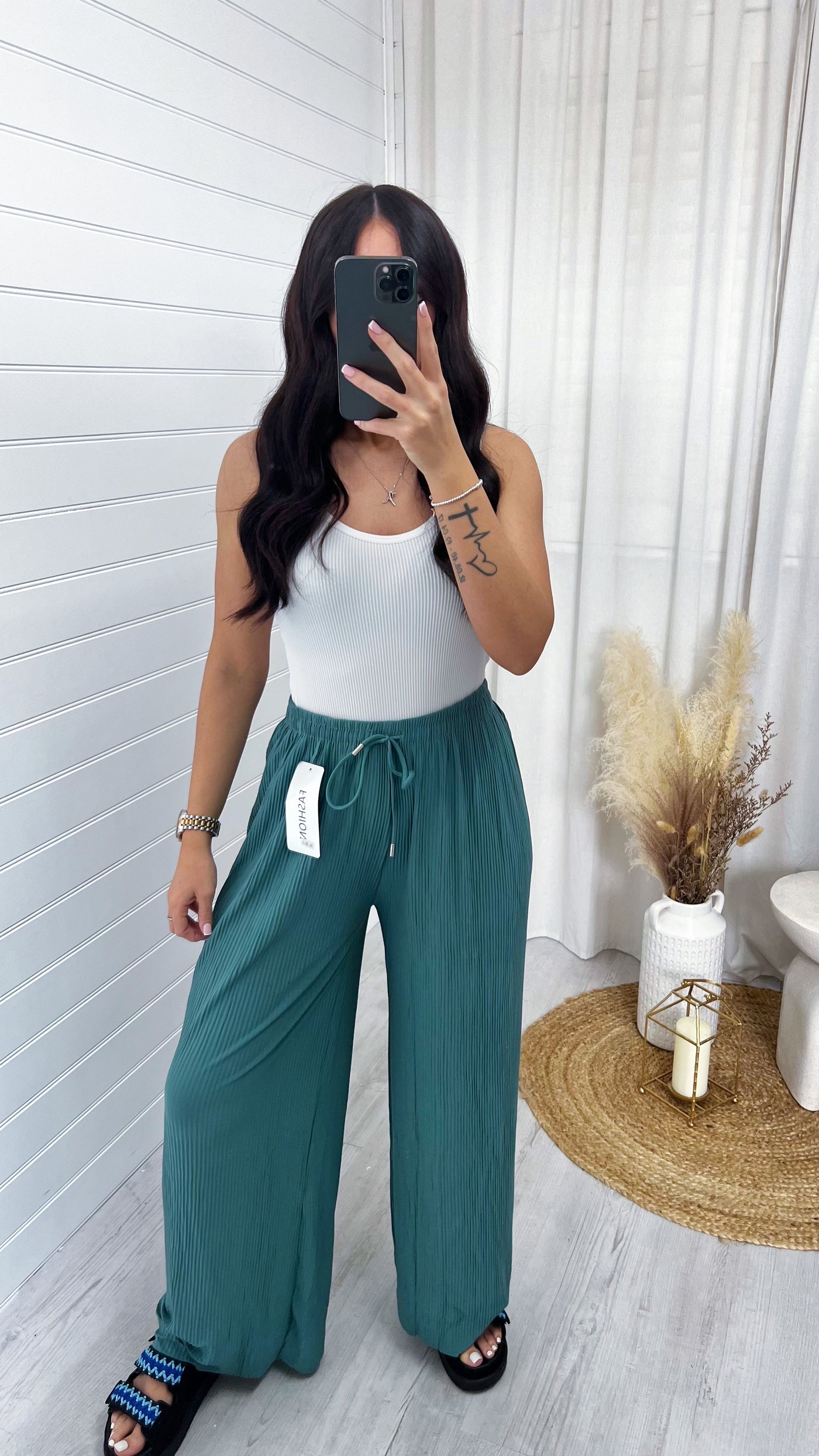 Plain Pleated Wide Leg Trousers - TEAL