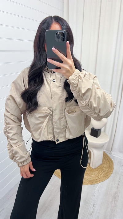 Ruched Sleeve Windbreaker Jacket - BEIGE