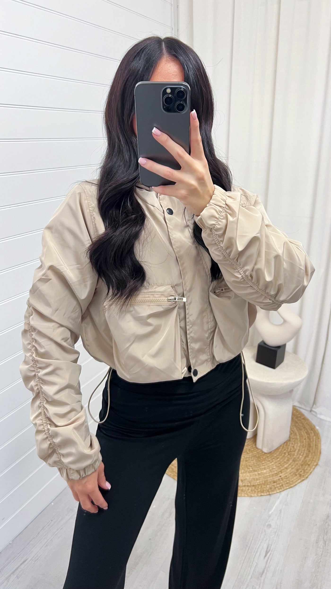 Ruched Sleeve Windbreaker Jacket - BEIGE