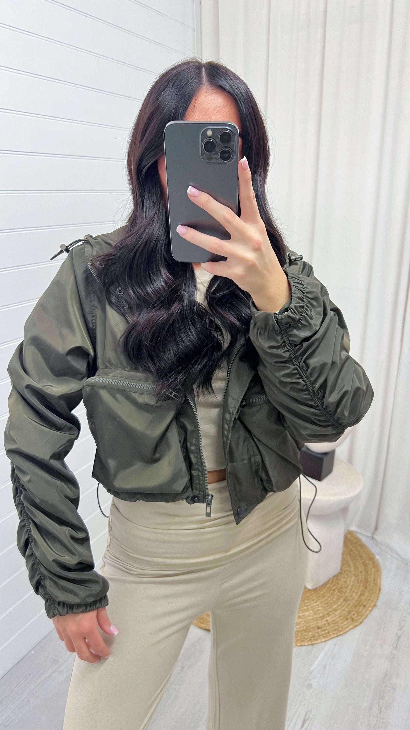 Ruched Sleeve Windbreaker Jacket - KHAKI