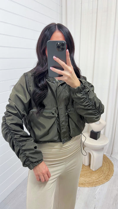 Ruched Sleeve Windbreaker Jacket - KHAKI