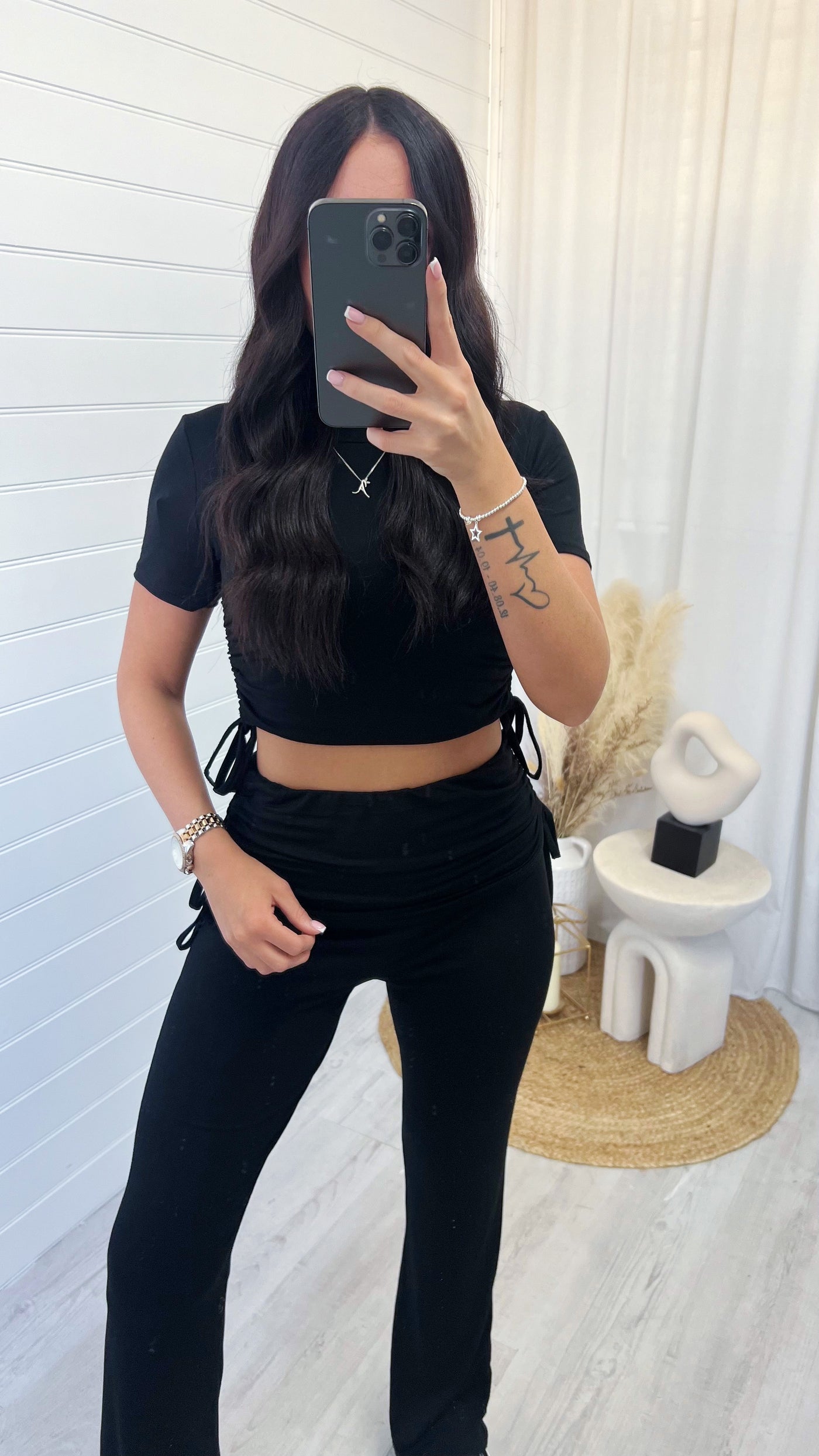 Yoga Short Sleeve Top and Flares Co-Ord - BLACK