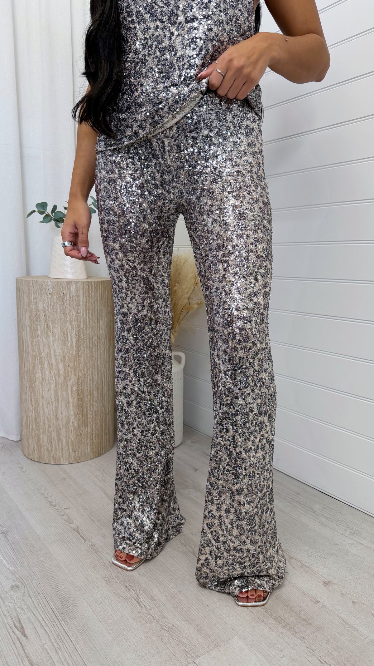 Sequin Leopard Print Flare Trousers - SILVER