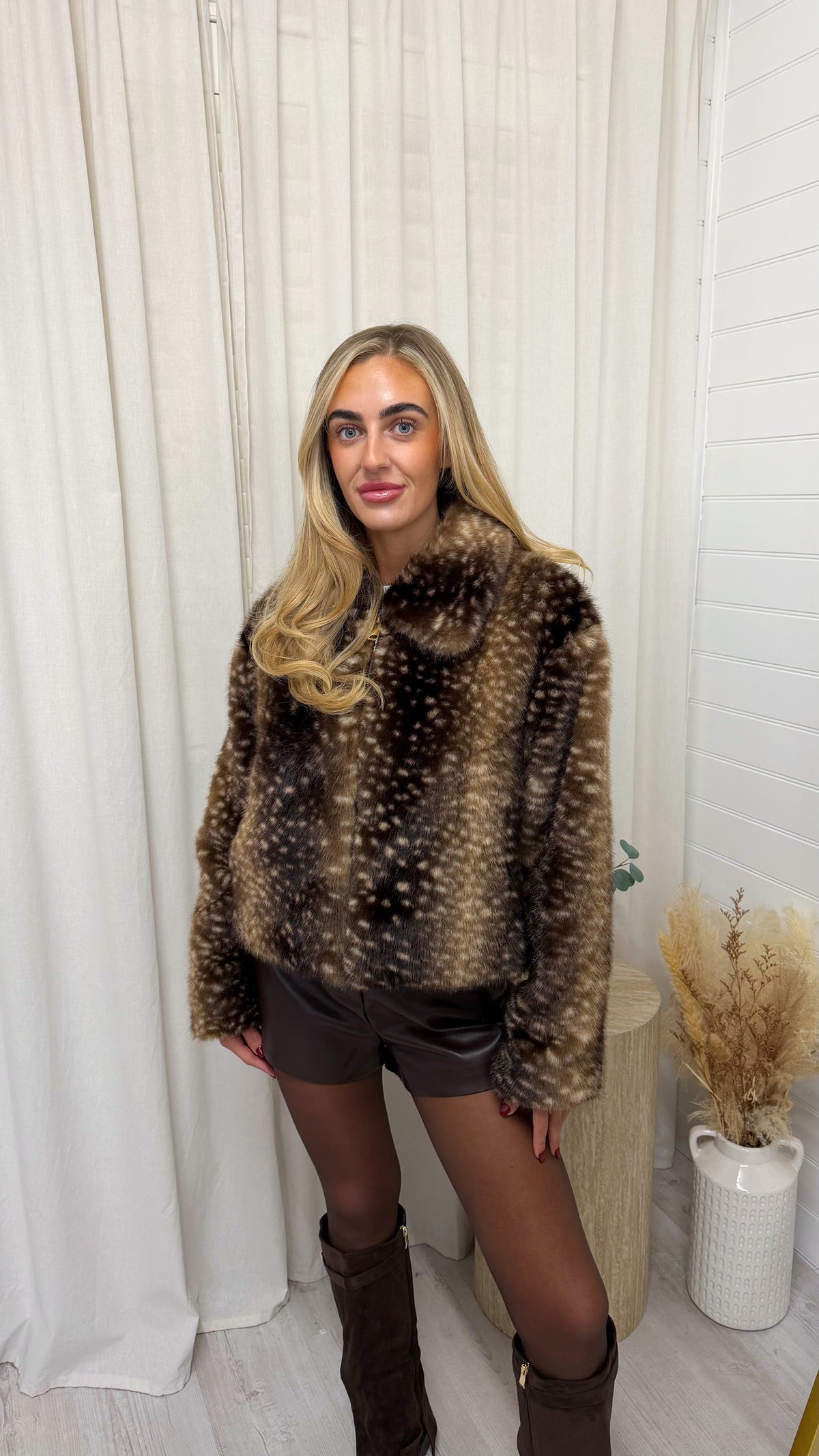 Deer Print Faux Fur Jacket - DARK BEIGE