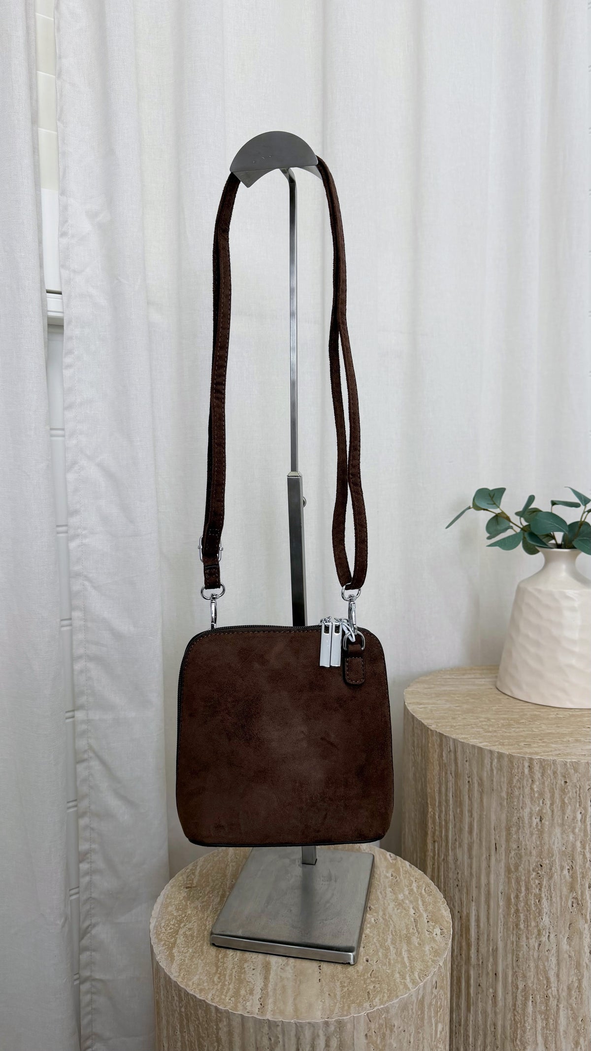 Suede Double Zip Cross Body Bag - BROWN