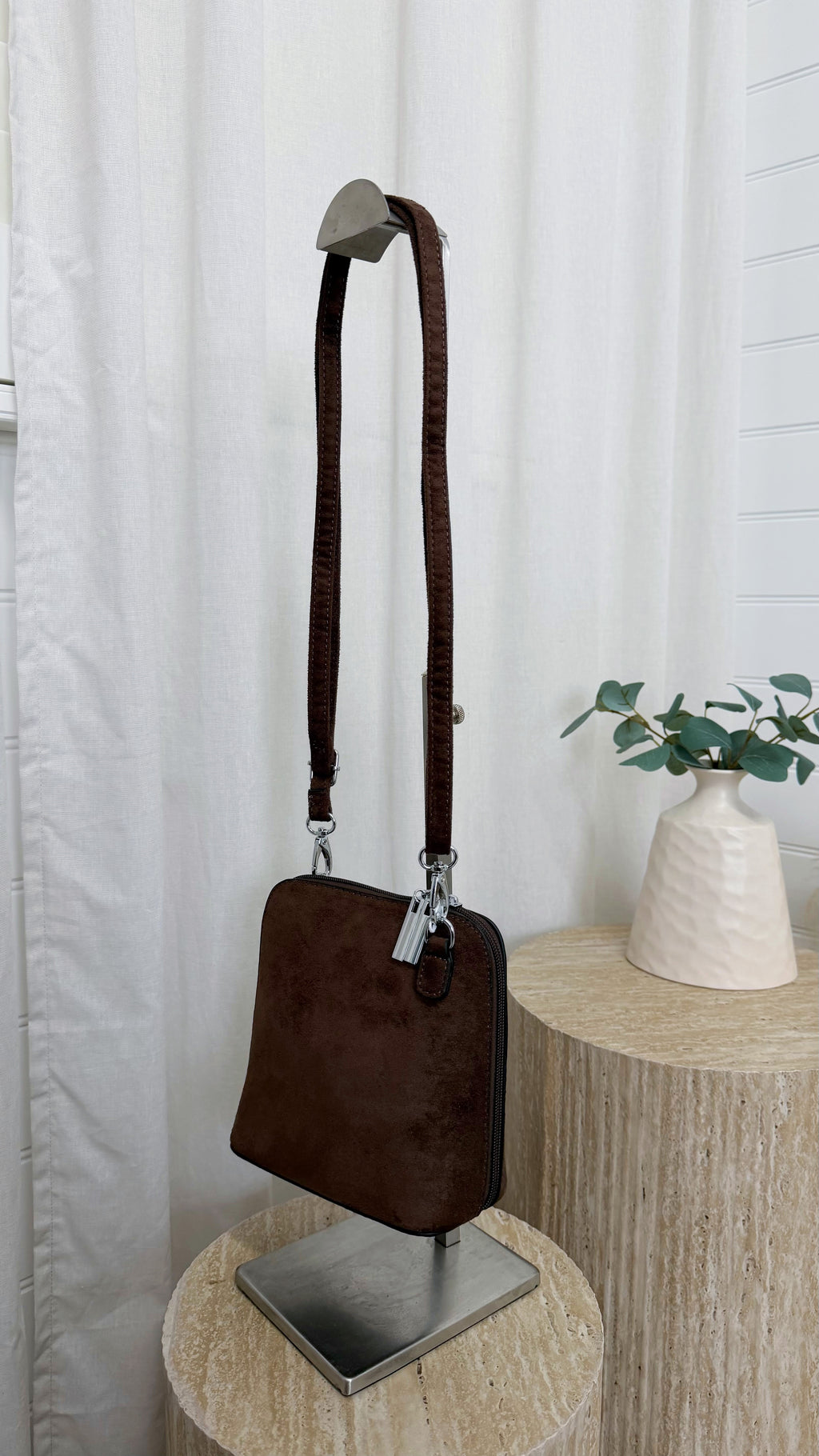 Suede Double Zip Cross Body Bag - BROWN