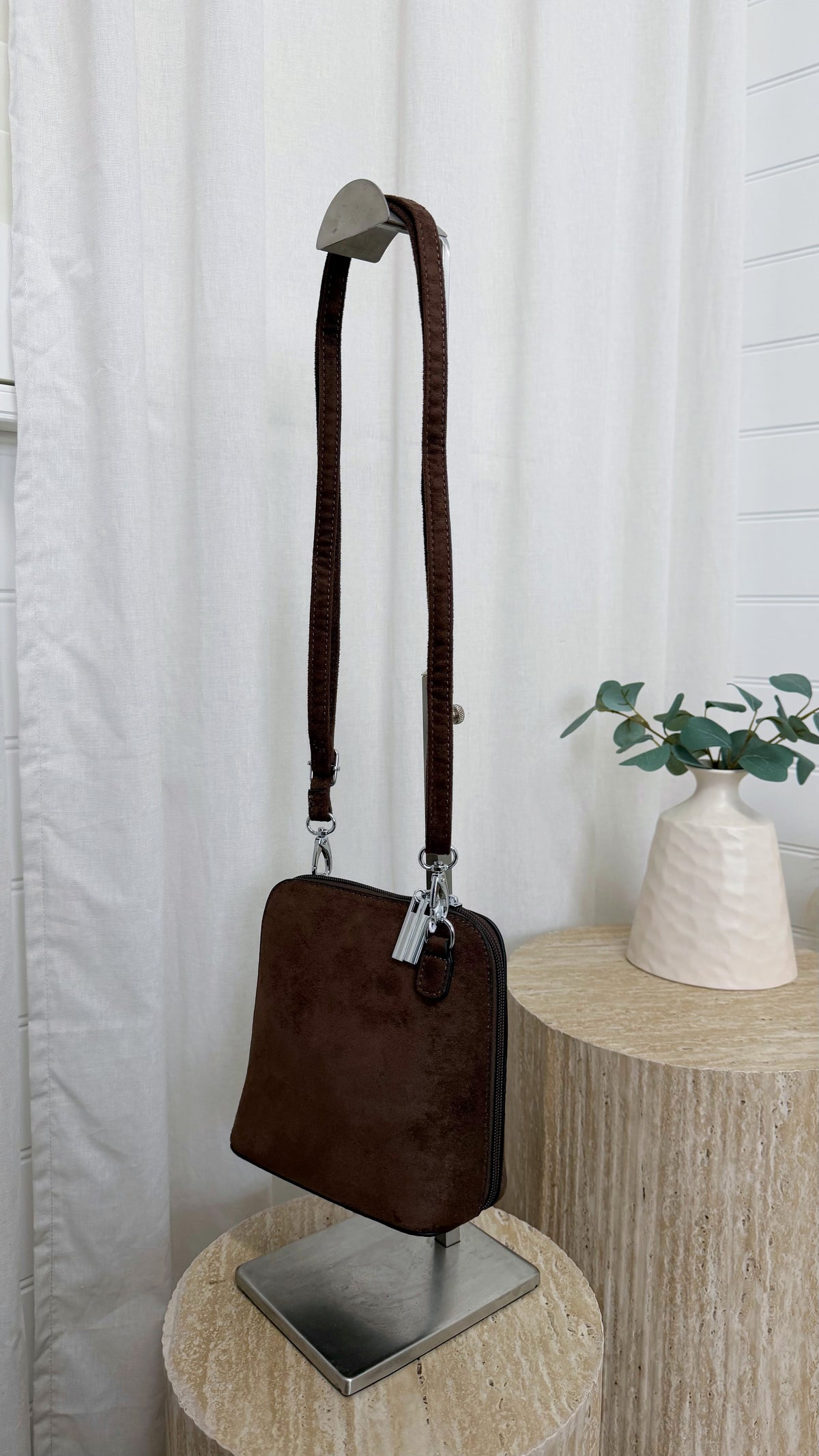 Suede Double Zip Cross Body Bag - BROWN