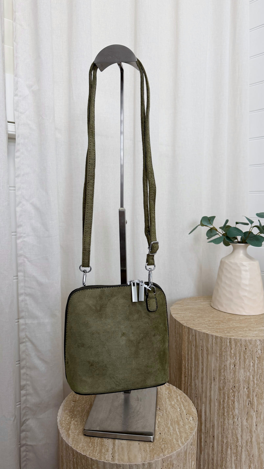 Suede Double Zip Cross Body Bag - GREEN