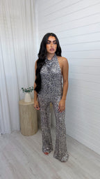 Sequin Leopard Print Flare Trousers - SILVER