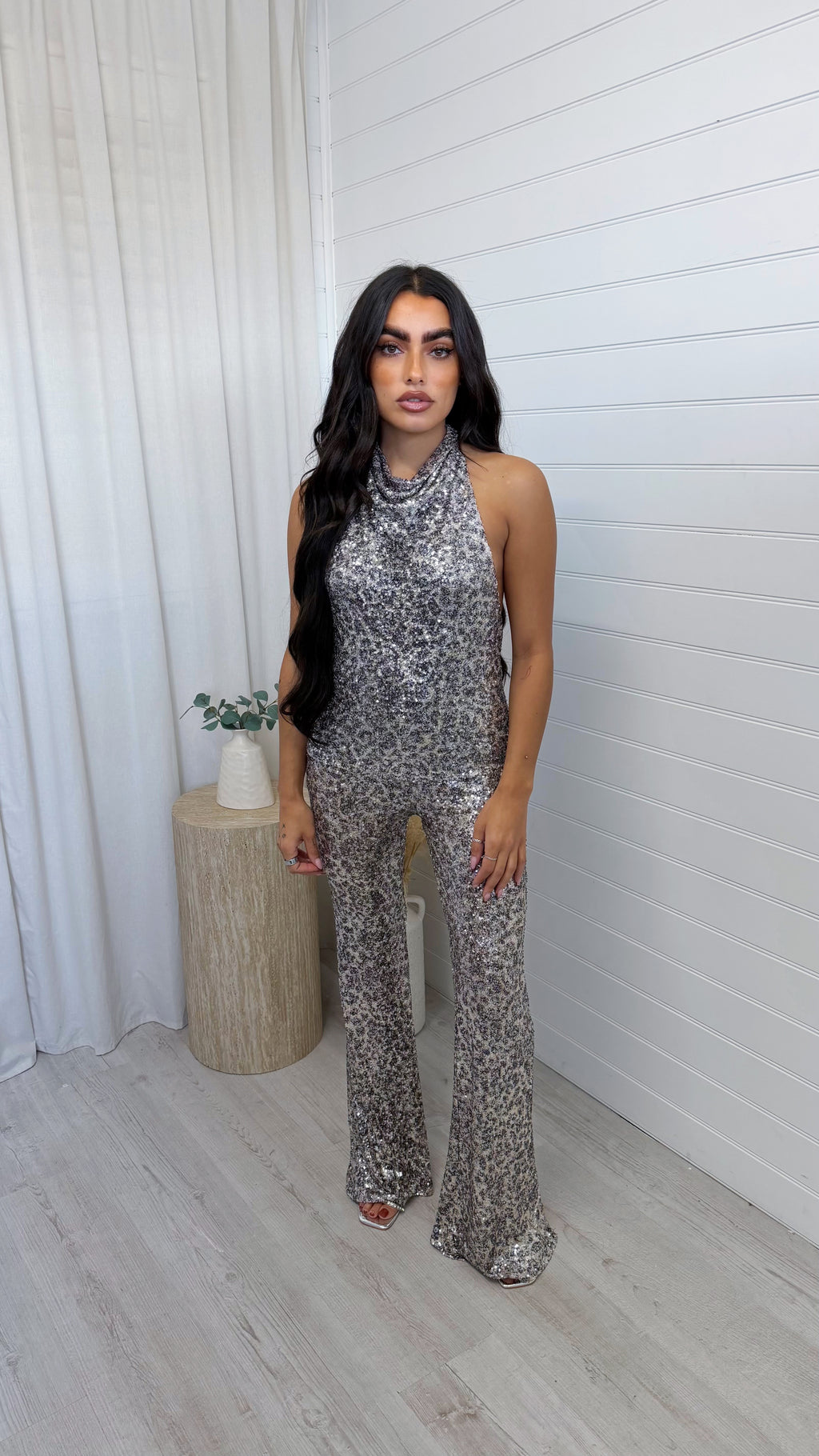 Sequin Leopard Print Flare Trousers - SILVER