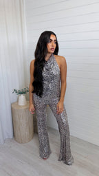 Sequin Leopard Print Flare Trousers - SILVER