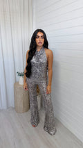 Sequin Leopard Print Flare Trousers - SILVER