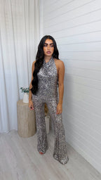 Sequin Leopard Print Flare Trousers - SILVER