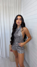 Halter Neck Sequin Leopard Print Top - SILVER