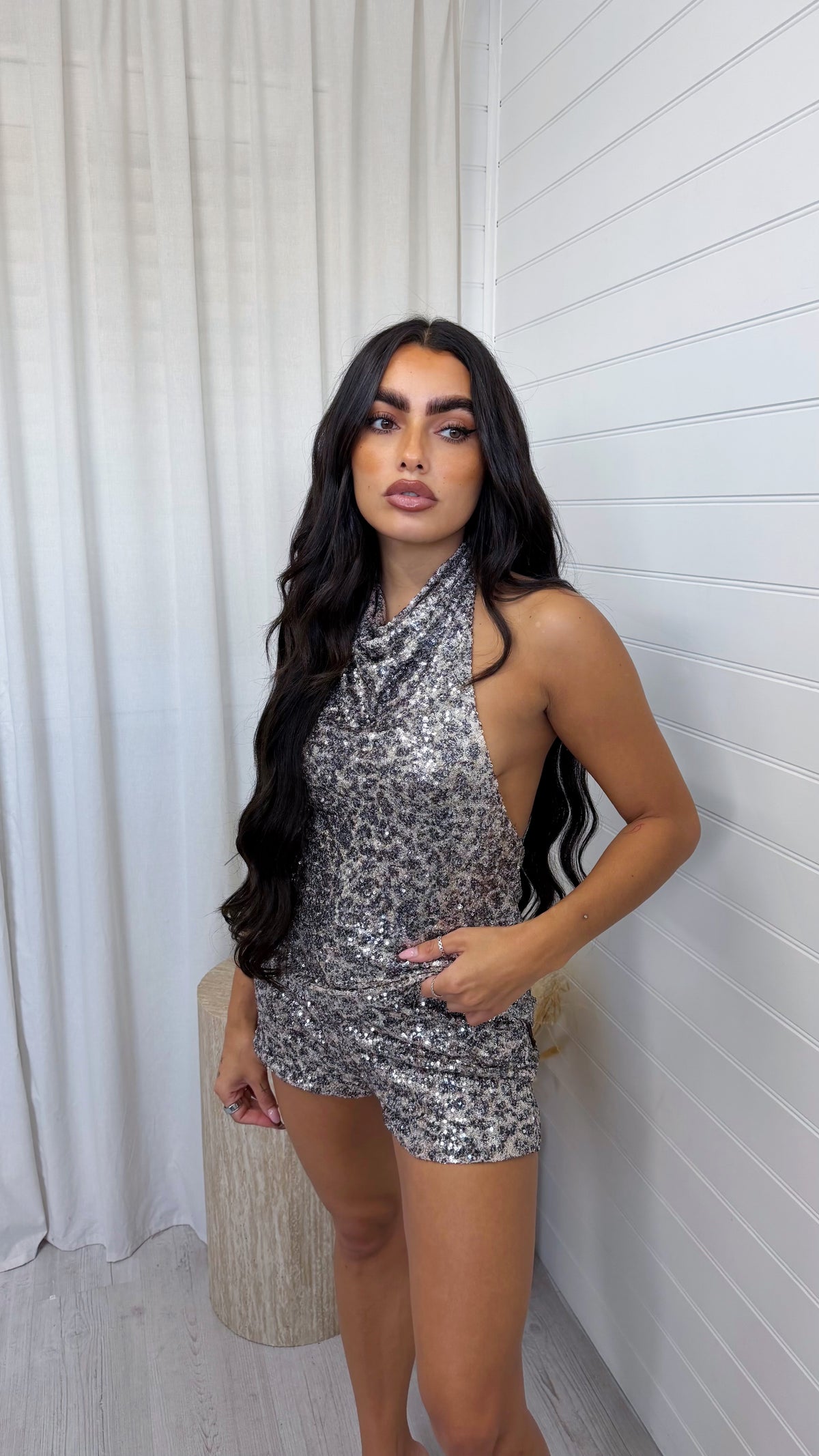 Halter Neck Sequin Leopard Print Top - SILVER