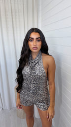 Halter Neck Sequin Leopard Print Top - SILVER