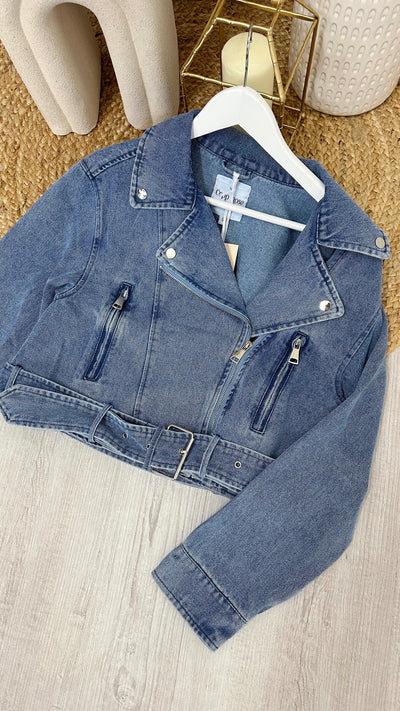 Oversized Denim Biker Jacket - DENIM BLUE