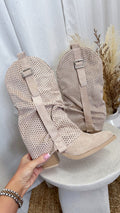 Suede Mesh Calf Length Cowboy Boots - LIGHT BEIGE