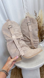 Suede Mesh Calf Length Cowboy Boots - LIGHT BEIGE