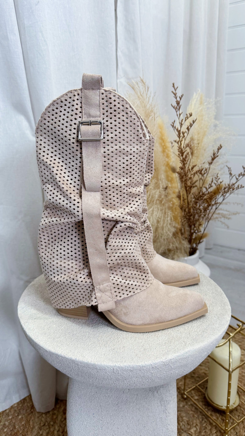Suede Mesh Calf Length Cowboy Boots - LIGHT BEIGE
