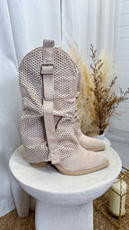 Suede Mesh Calf Length Cowboy Boots - LIGHT BEIGE