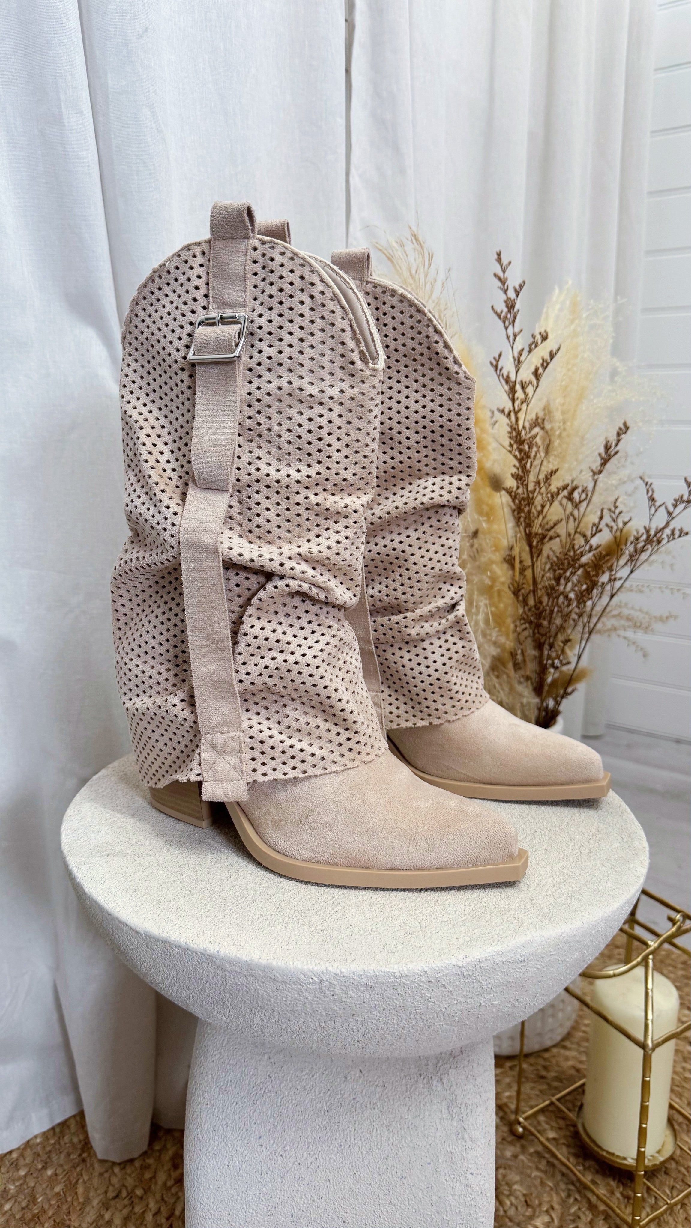 Suede Mesh Calf Length Cowboy Boots - LIGHT BEIGE