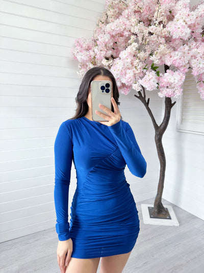 Ruched Front Long Sleeve Dress - ROYAL BLUE