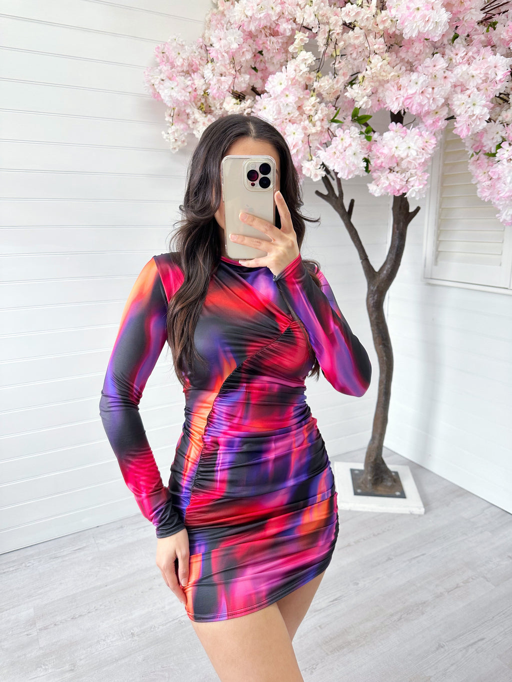 Ruched Front Long Sleeve Dress - BLACK + PINK