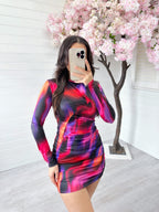 Ruched Front Long Sleeve Dress - BLACK + PINK