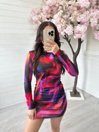 Ruched Front Long Sleeve Dress - BLACK + PINK