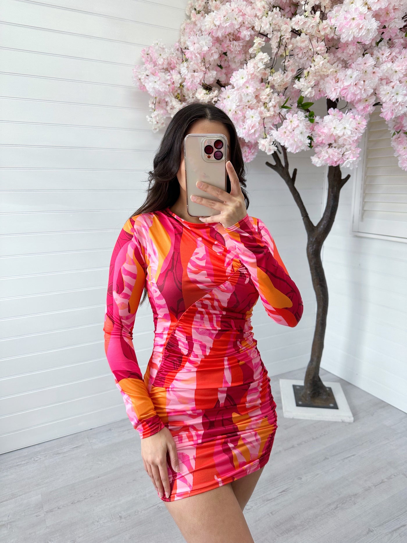 Ruched Front Long Sleeve Dress - PINK + ORANGE