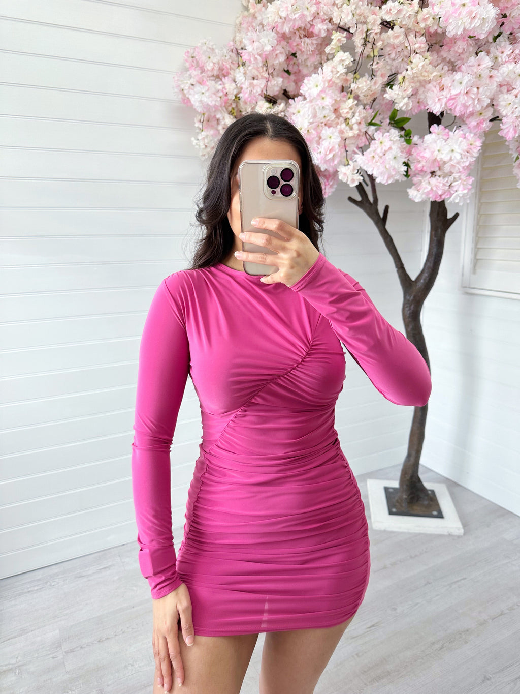 Ruched Front Long Sleeve Dress - PINK