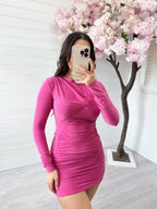Ruched Front Long Sleeve Dress - PINK