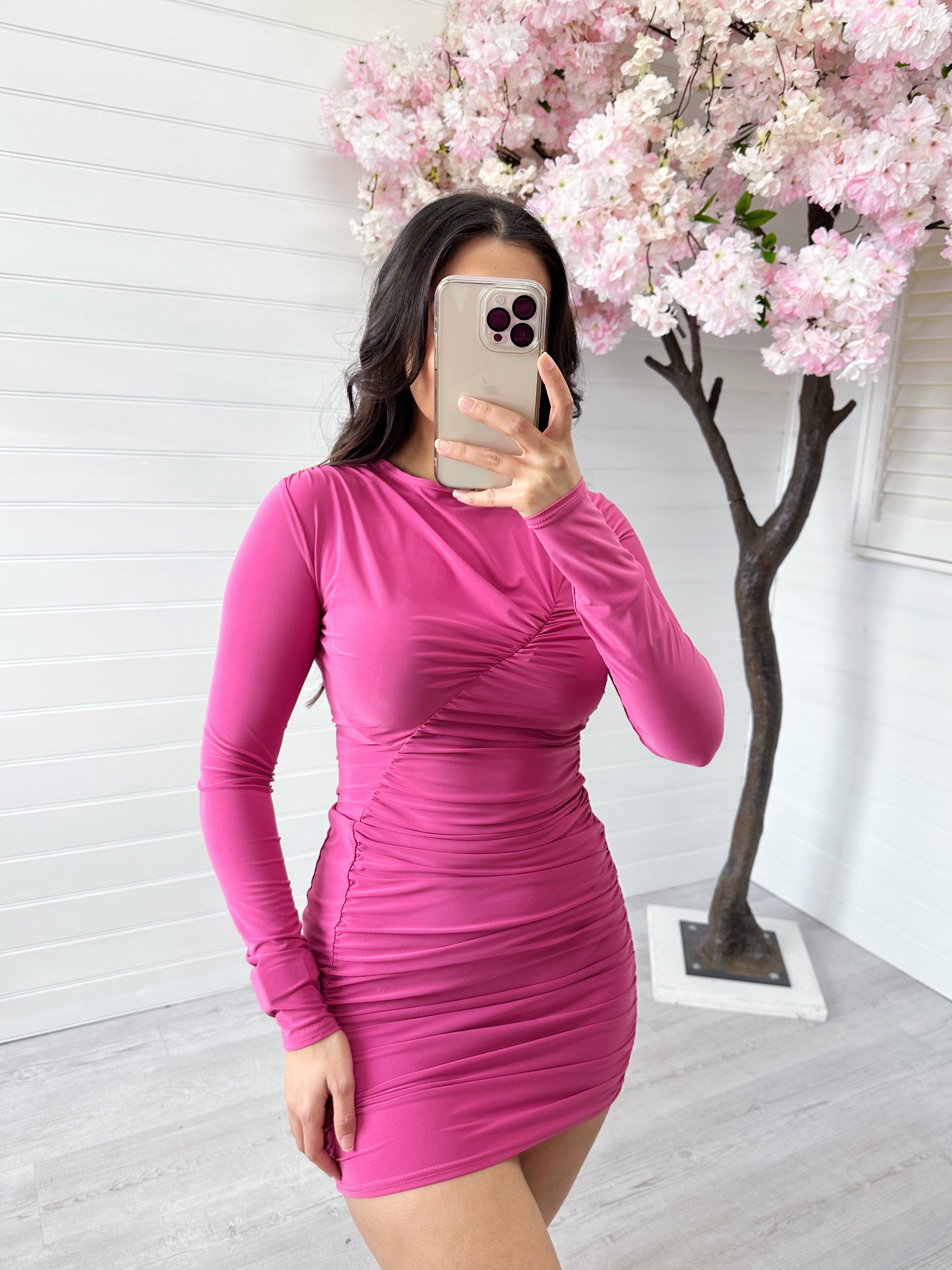 Ruched Front Long Sleeve Dress - PINK